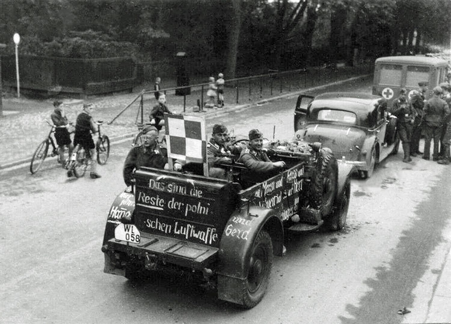 A German VW type 82 Kübelwagen with inscriptions "These are the remains of Polish aviation", 1939