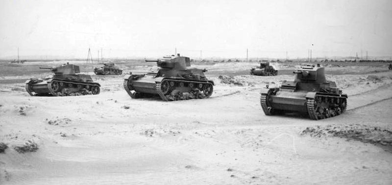 A group of 7TP light tanks tested at the Błędowska Desert