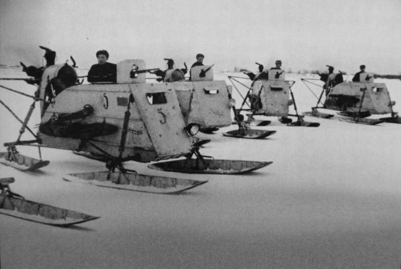 A group of the soviet propeller-driven sledges (aerosanis) NKL-26