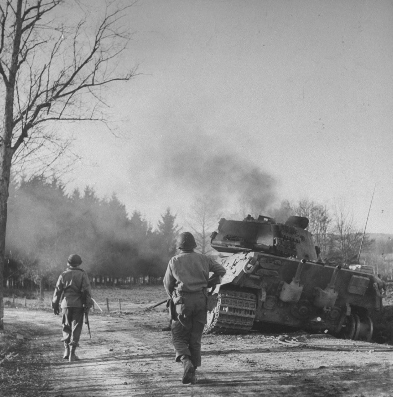 A knocked out German tank Tiger II, 1944