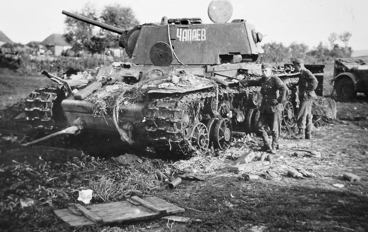 A knocked out KV-1 heavy tank , 1942