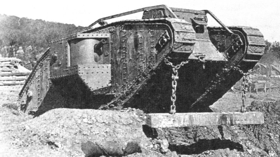 A Mk.IV male tank with unditching beam, 1917