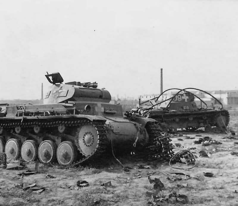 A Panzer II and Panzerbefehlswagen destroyed at the Radom area during the Polish Campaigne, September 1939