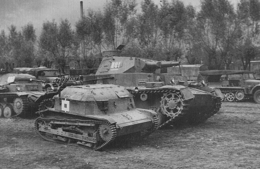 A  Polish scout tankette TK-3 and Panzer IV.