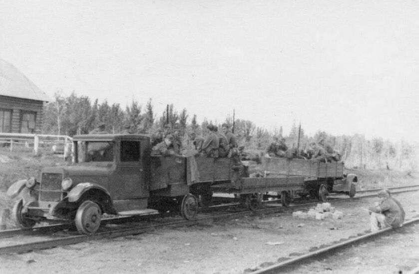 A soviet GAZ truck on railways