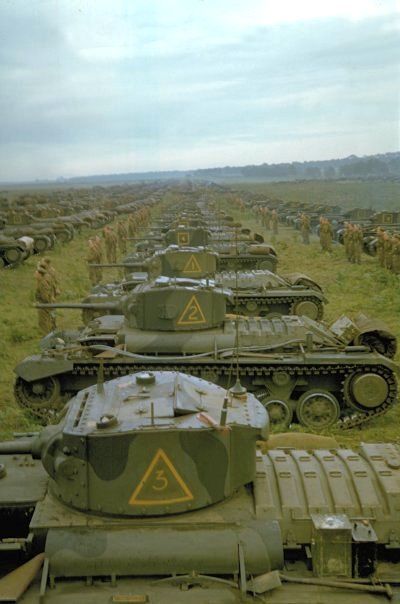 A Valentine tank division on salisbury plain, England, in review order.