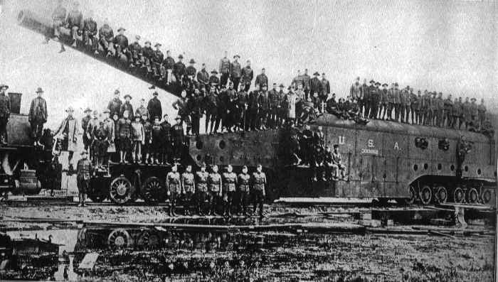 American railroad artillery detachment posed on a 14in. rail gun near Basso