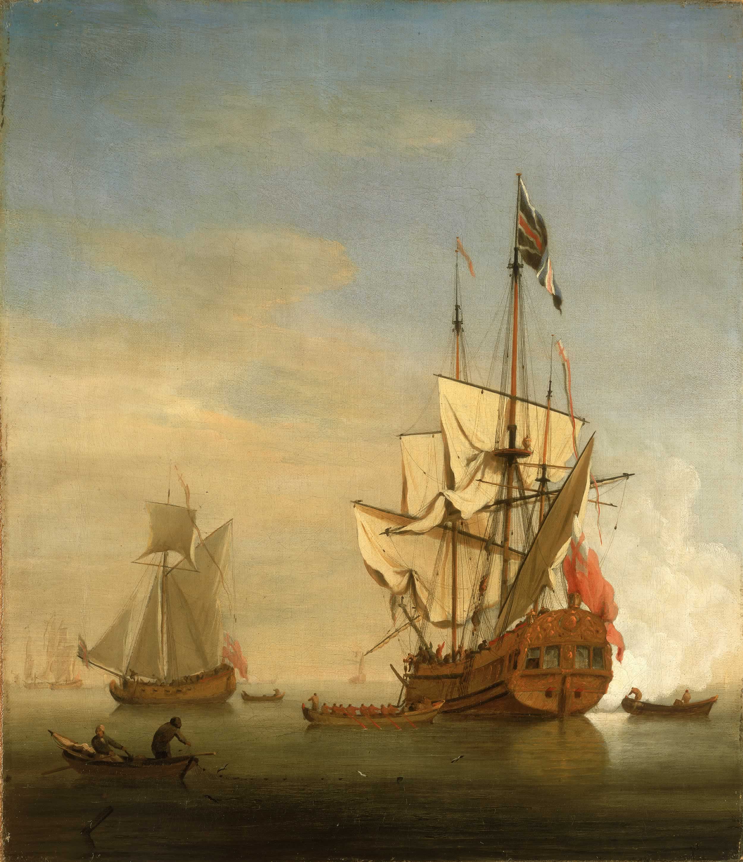 an-english-sixth-rate-ship-firing-a-salute-as-a-barge-leaves-a-royal-yacht-