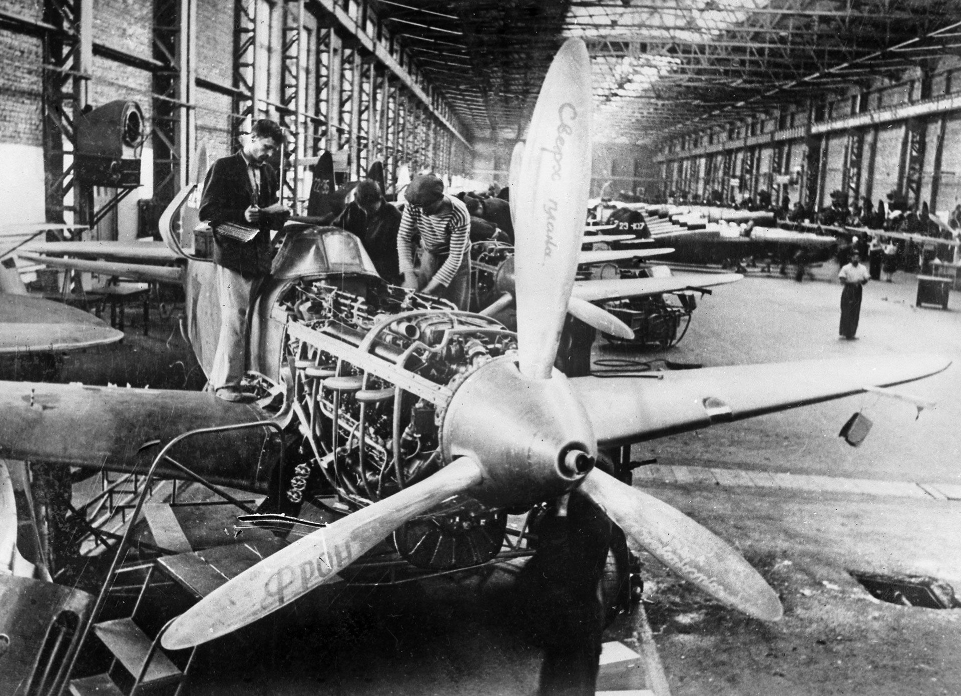 Assembling Yak-7 fighters in the workshop of the Novosibirsk Aviation V.P. Chkalov Plant