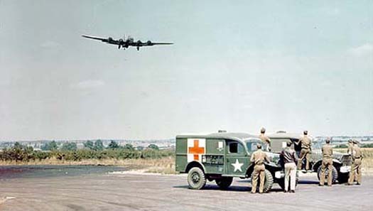 B-17 Coming in to land with casualties.