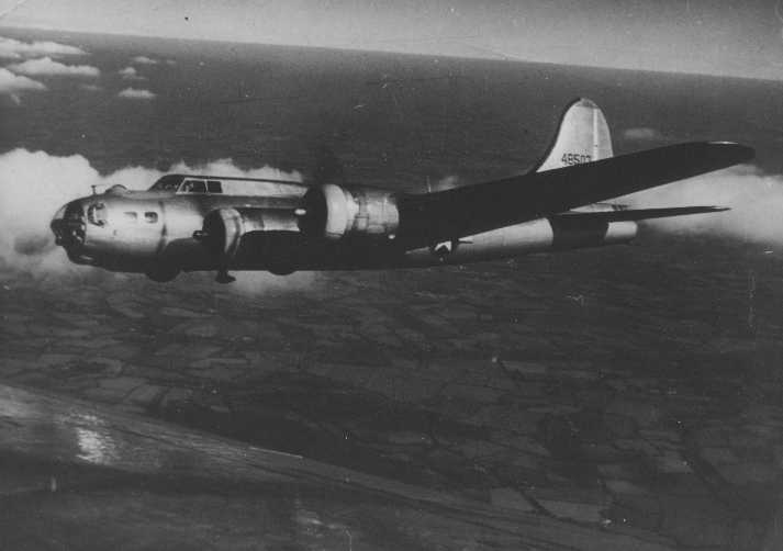 B-17, over the English country side, 1945.