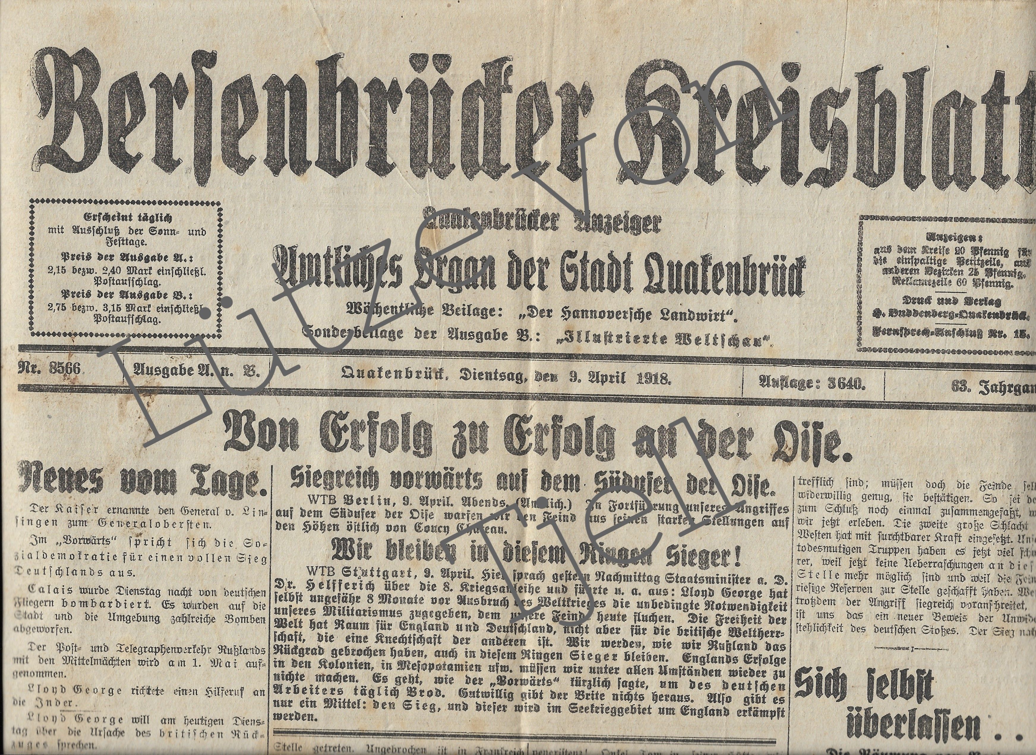 Bersenbrücker Kreisblatt vom April 1918