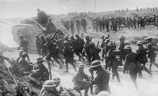 British infantry and tanks moving against Bapaume