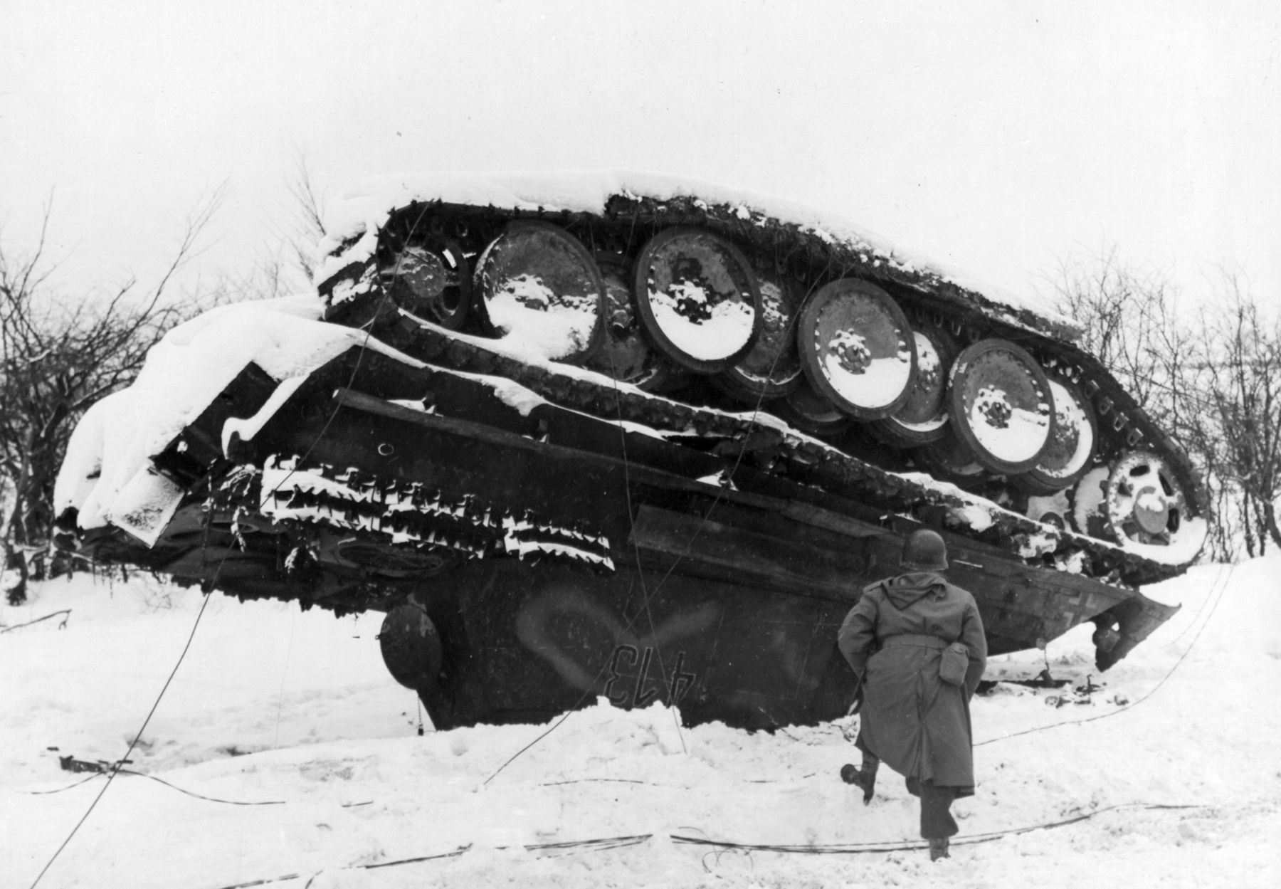 Destroyed Pz.Kpfw. V Panther tank no."413" in the Ardennes / Battle of the Bulge, 1945