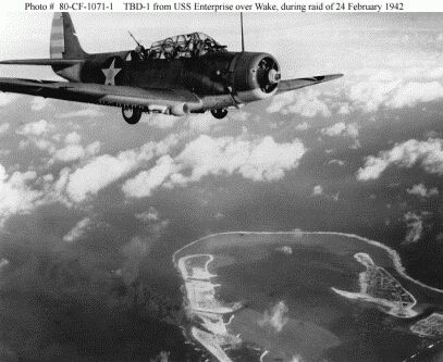 Douglas TBD-1 Devastator over Wake Island on 24th February, 1942.