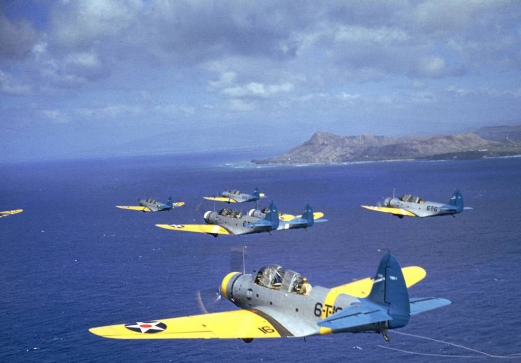 Douglas TBD-1 Devastators of the VT-6 passing Diamond Head, Hawaii 1941
