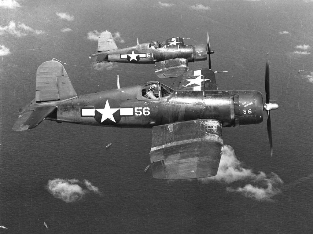 F4U-1 Corsairs of VMF-113 in flight near Eniwetok, 1944