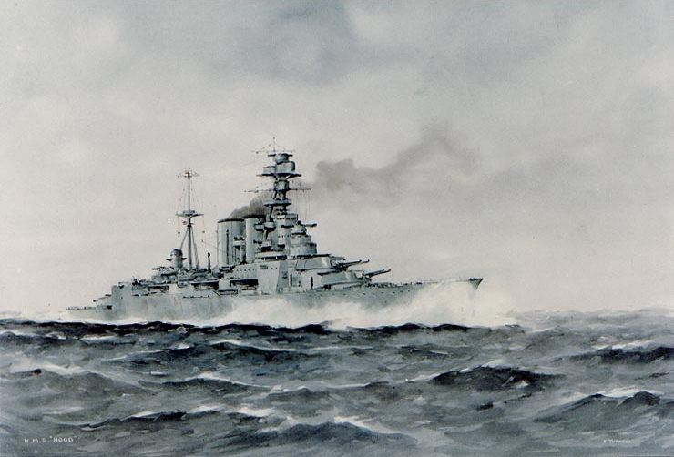 Fine painting of HMS Hood at speed by E Tufnell