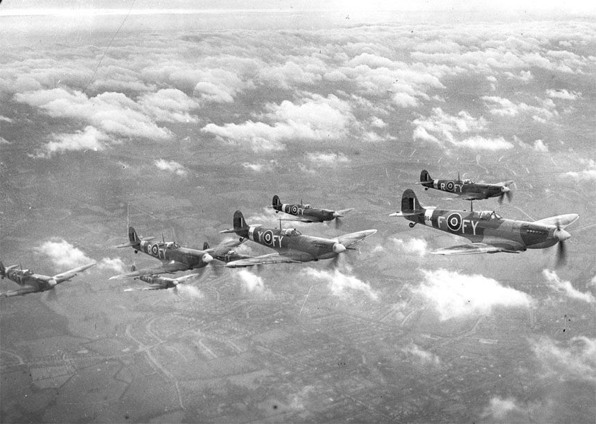 Flight of Spitfires from 611 Squadron, RAF,,