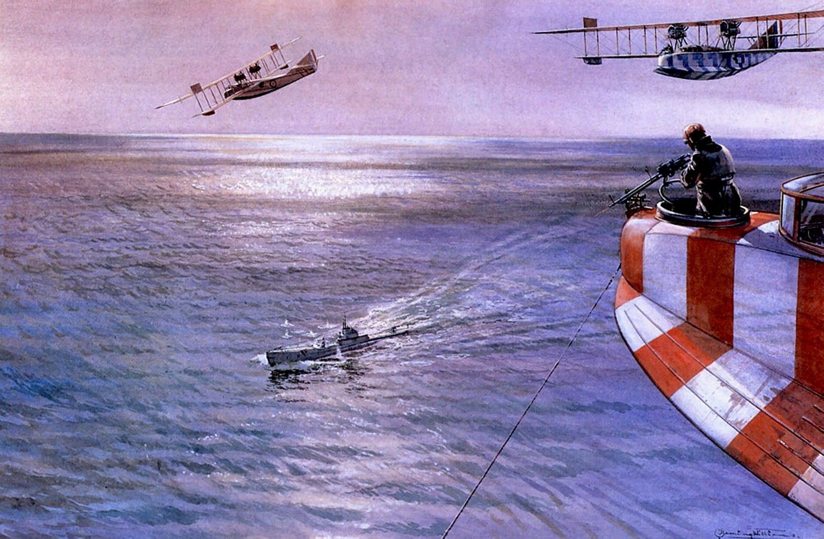 Flying_boats_machine_gunning_a_crippled_German_submarine_-_C_R_Fleming_Will