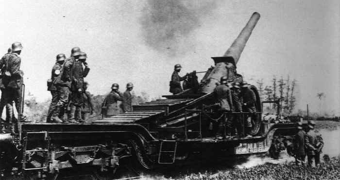 German 17cm gun on rail mount. The recoil would propel the carriage 100 fee