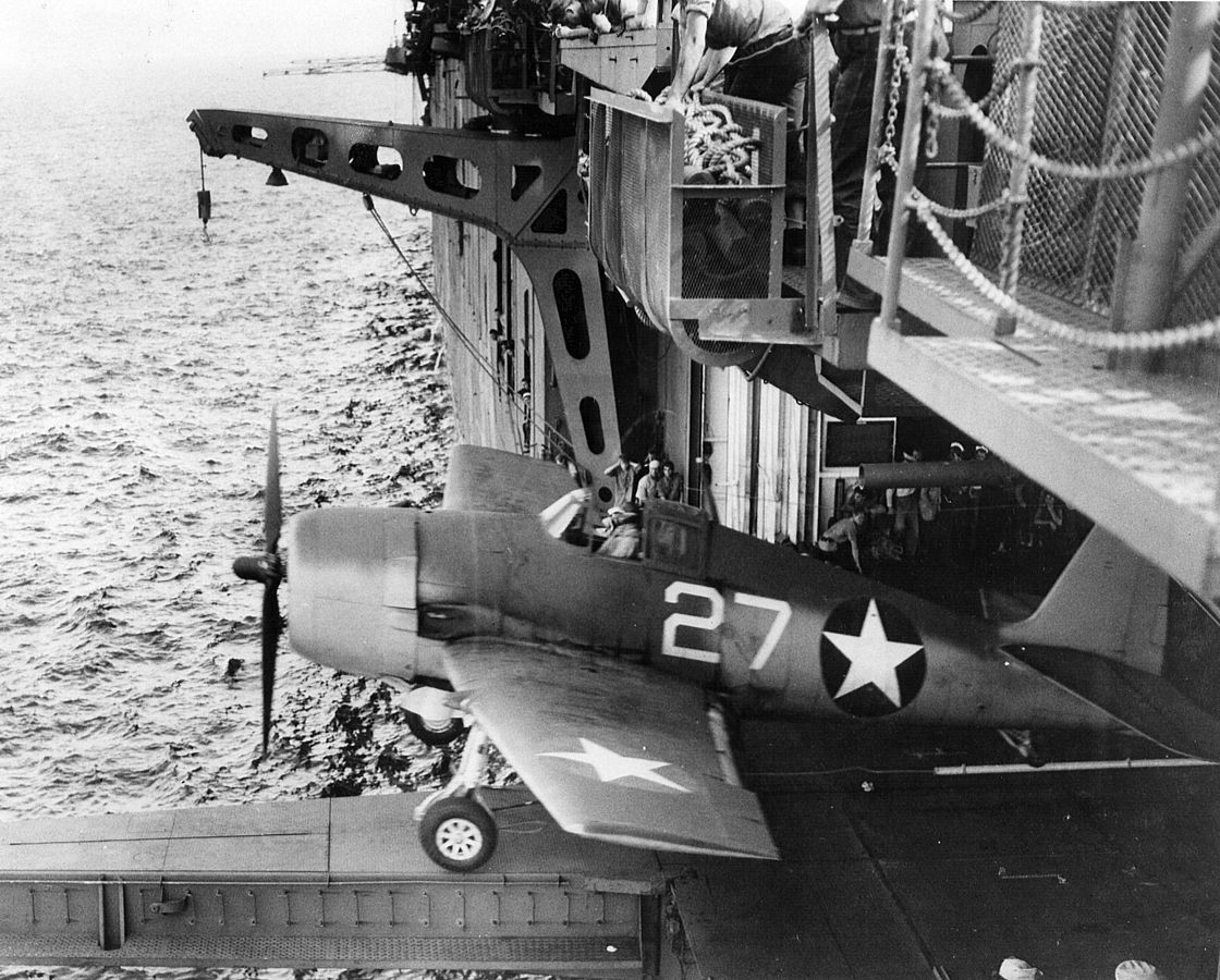 Grumman F6F-3 Hellcat "White 27", VF-1, the hangar deck catapult, USS Yorktown (CV-10). 1943 (2)