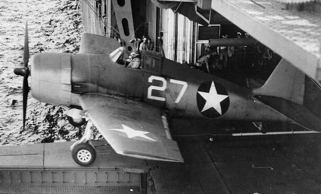 Grumman F6F-3 Hellcat "White 27", VF-1, the hangar deck catapult, USS Yorktown (CV-10). 1943 (3)