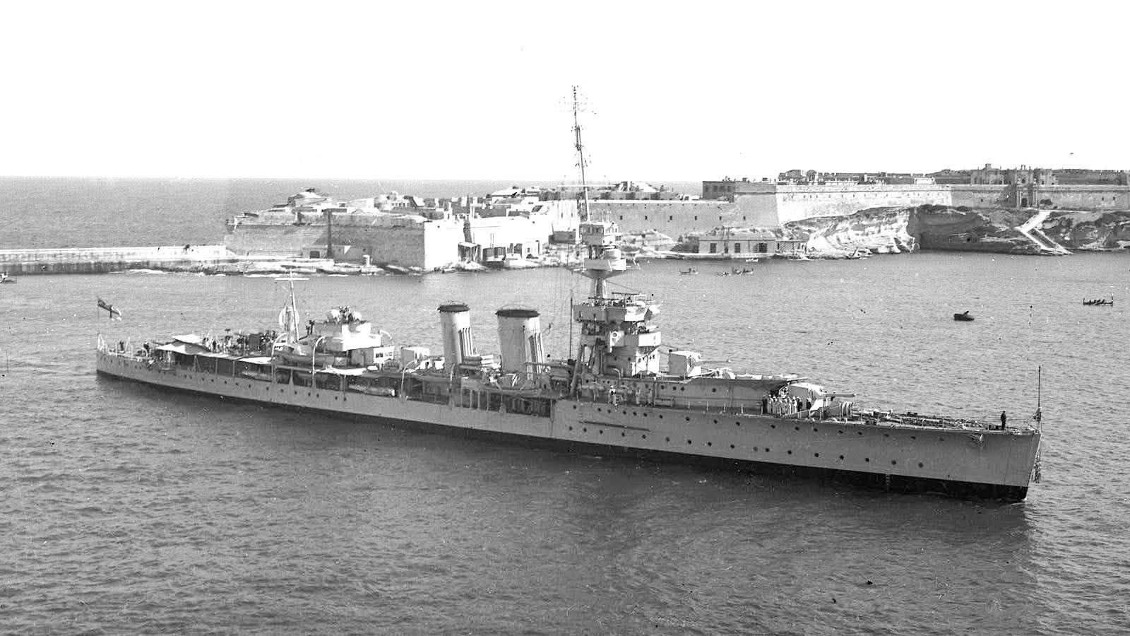 HMS Ceres C-class light cruiser at the La Valletta harbour, Malta