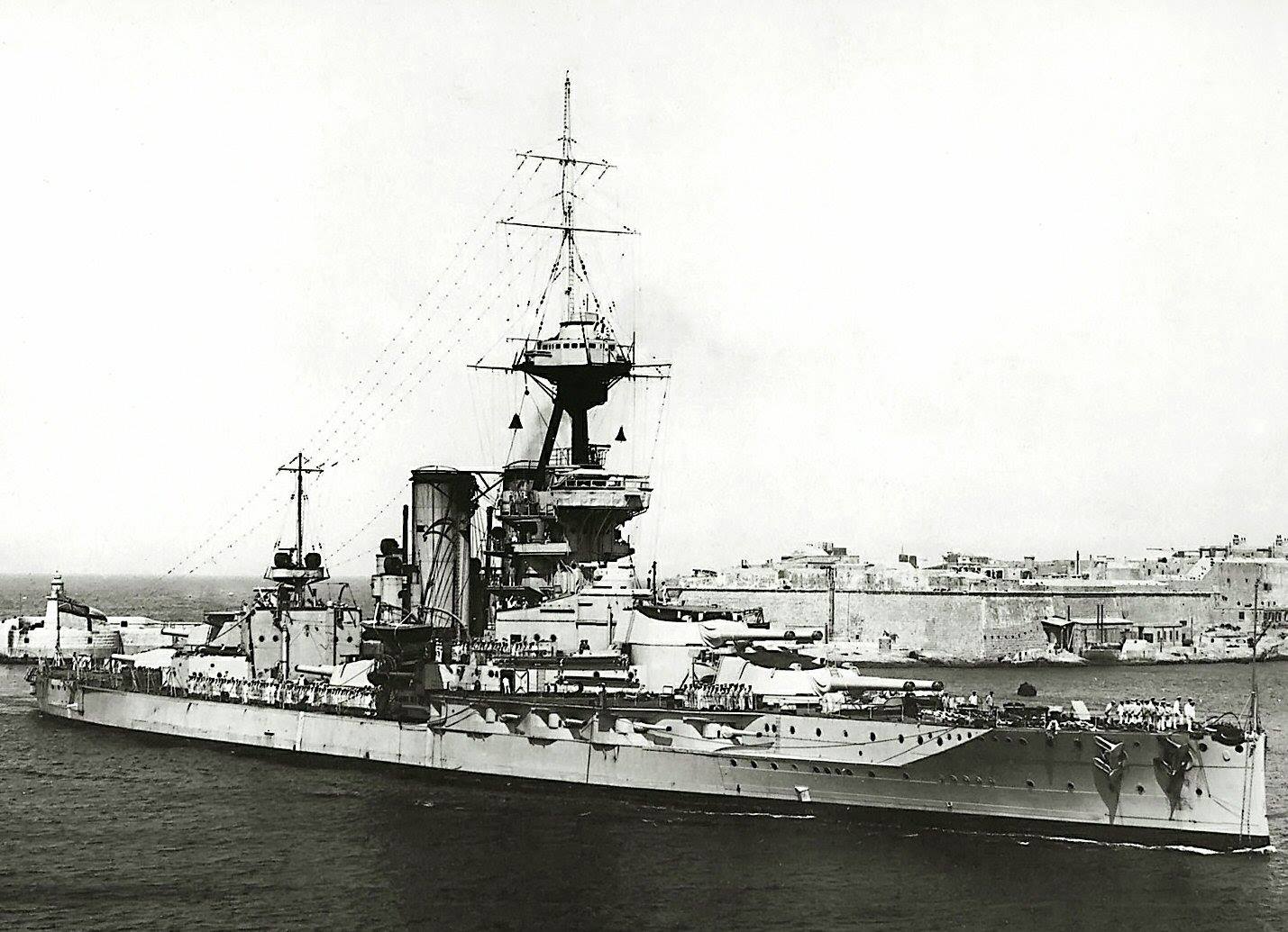 HMS Emperor of India, the Iron Duke-class dreadnought battleship entering the Grand Harbour La Valletta, Malta, 1923