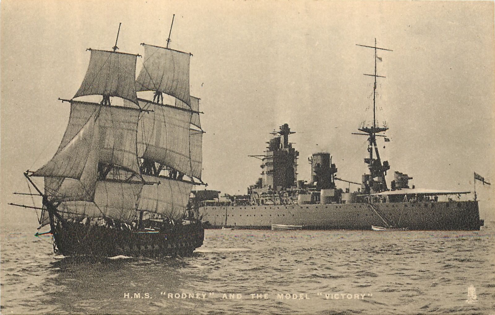 HMS Rodney and a replica of HMS Victory