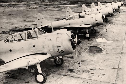 Lineup of SBD Dauntless dive bombers in WW II