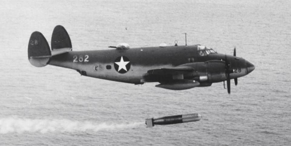 Lockheed PV-1 Ventura dropping a Mk. XIII torpedo over Saratoga Strait, Washington, 4 January 1943