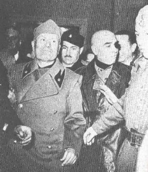 Mussolini, Pavolini and F. Barracu on 25 Apr 45. Three days before his exec