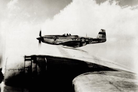 P-51 Mustang viewed from B-17 on bombing run over Germany