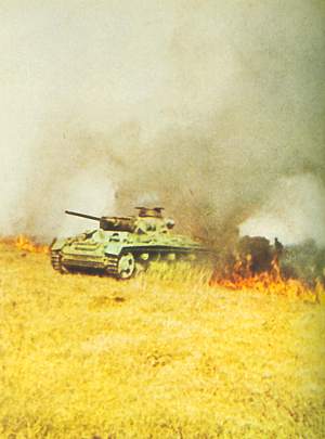 Panzer 3 in a burning field in Russia, 1941