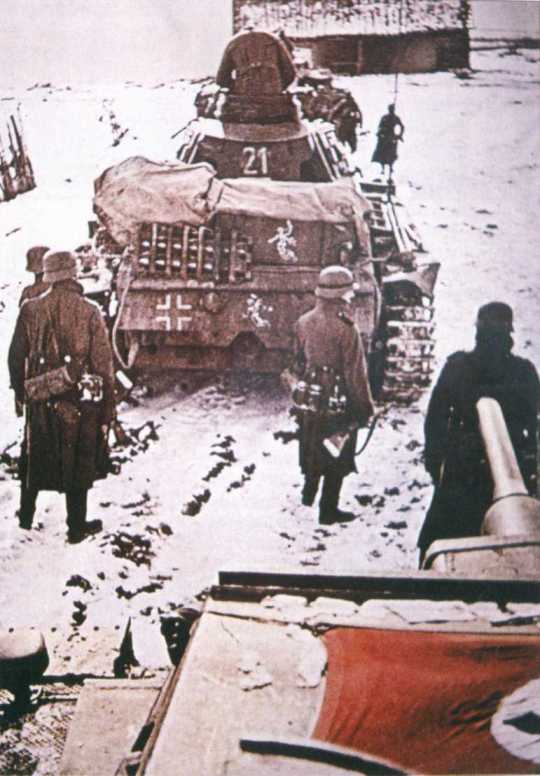 Panzer Unit on the way to Moscow, presumably Winter of 1941. (This is actua