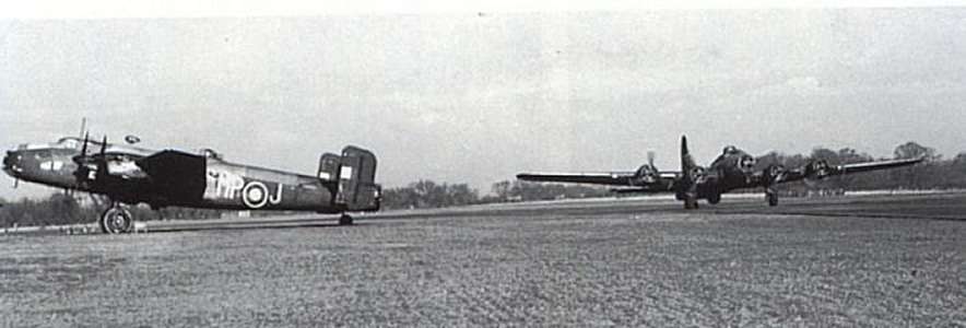 Picture of teamwork! RAF Halifax (left) after night raid as USAAF B-17 take