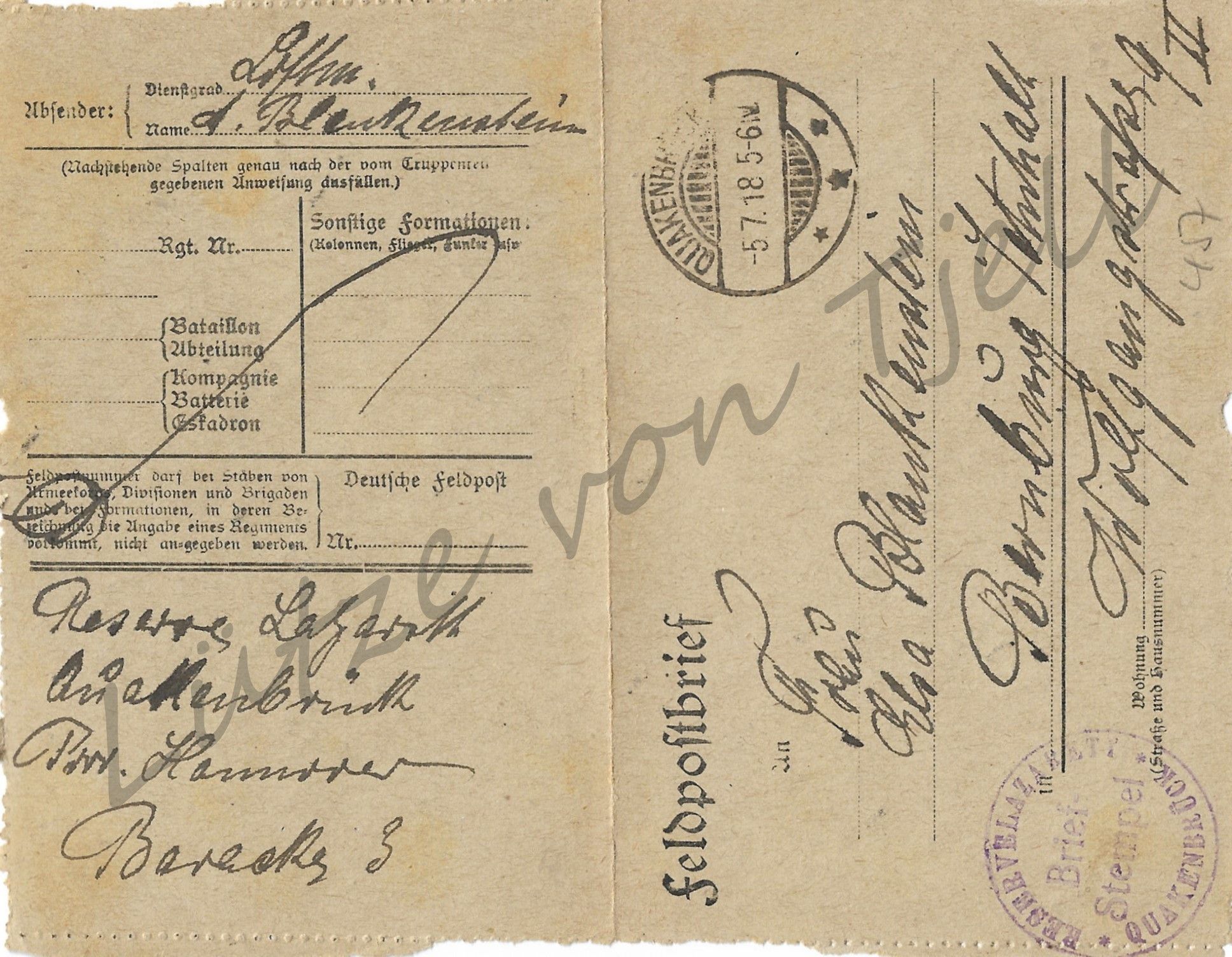 Reserve Lazarett Quakenbrück Feldpostbrief 1918