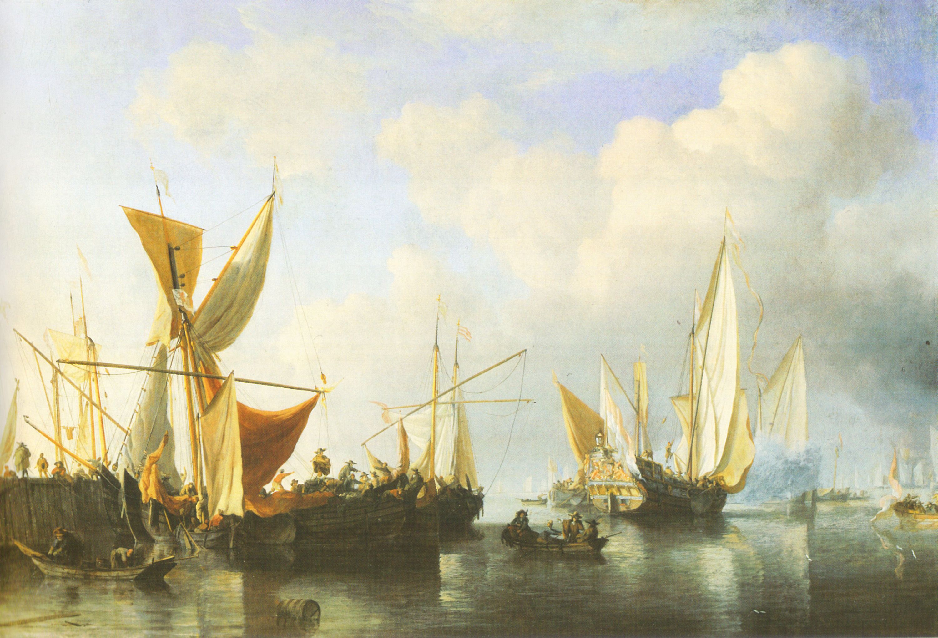 Ships-at-a-harbour-mole-and-a-yacht-sailing-away-willem-van-de-velde-the-yo