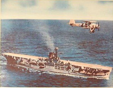 Swordfish flying over HMS Ark Royal