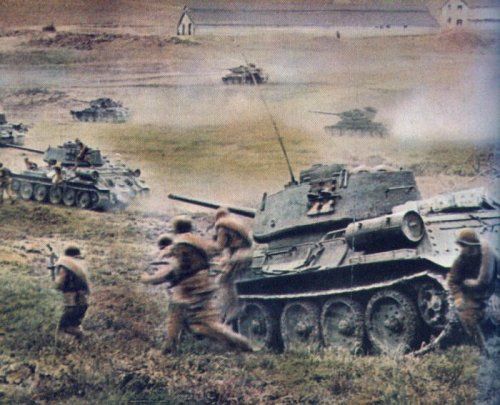 T-34,s and troops assaulting German positions.