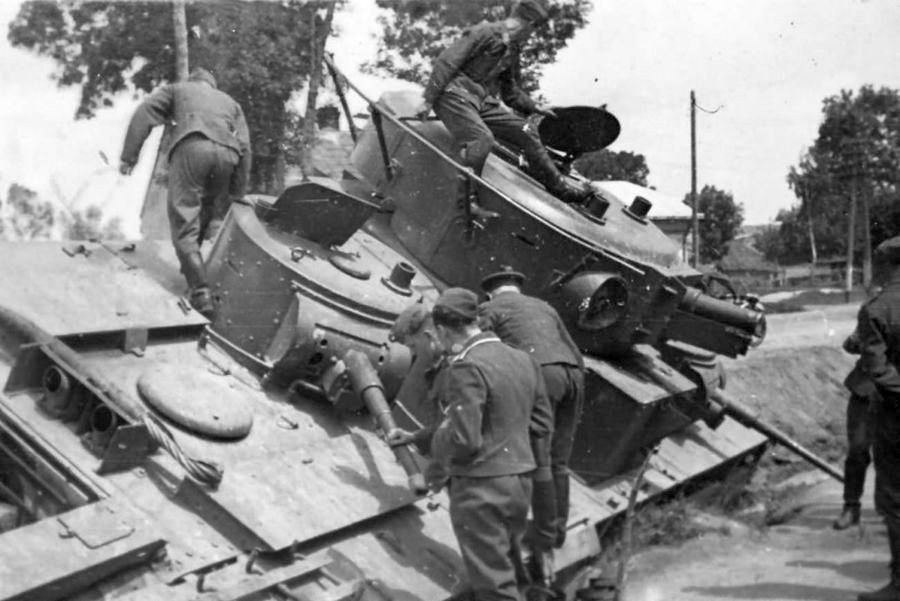 T-35 soviet heavy tank model 1937/38 damaged and abandoned in 1941 examined by Germans