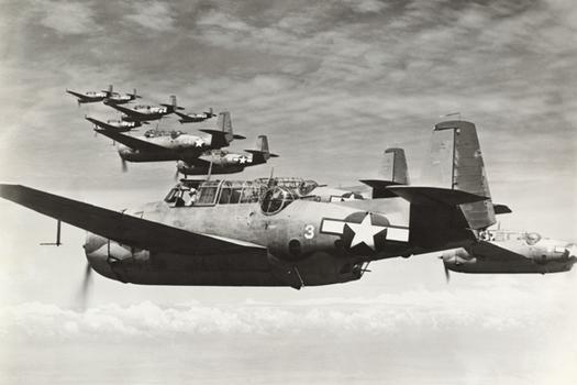 TBM Avenger torpedo bombers in formation over the Pacific