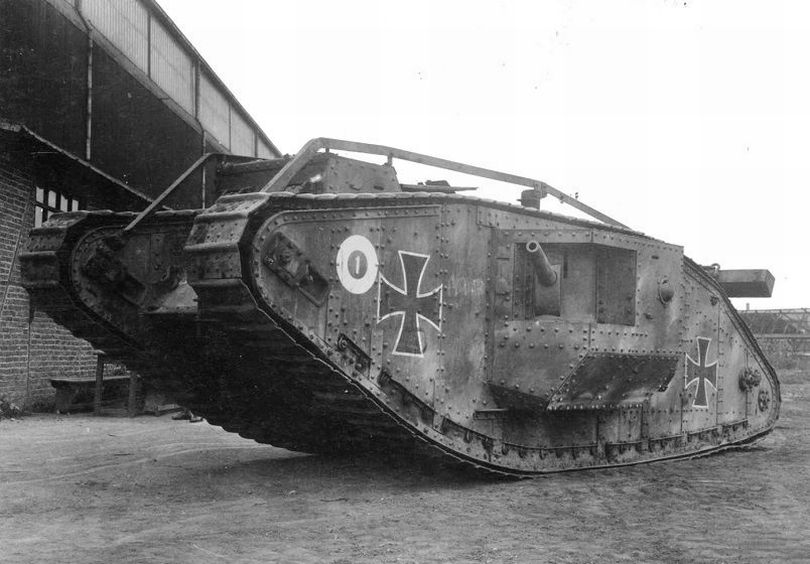 The Mark IV male tank captured and used by Germans, 1917