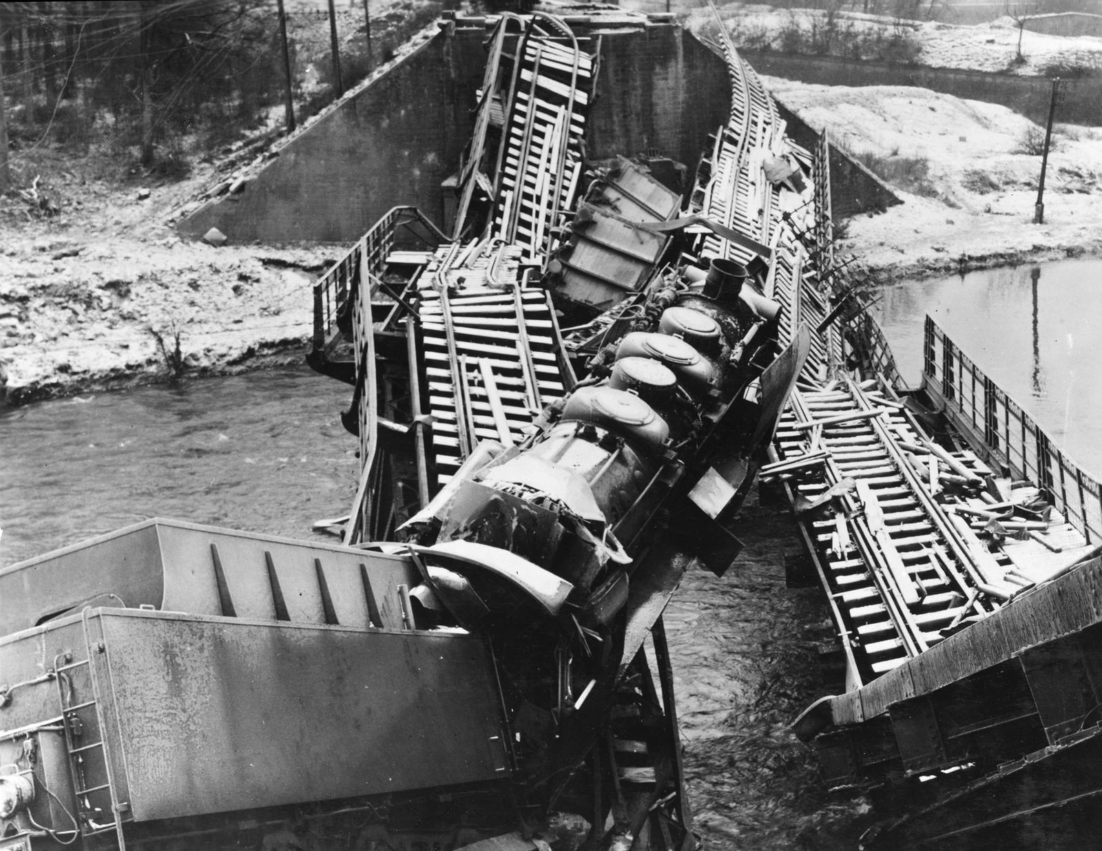 Train wreck, the Moselle River, Germany, 1944