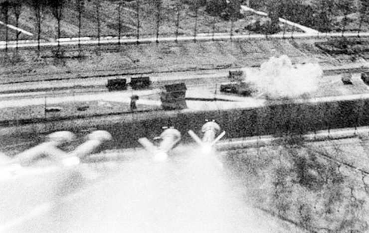 Typhoon rockets headed toward parked trucks