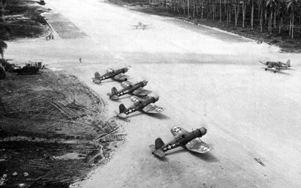 VMF-123 F4U-1s sit on their airstrip in the Russell Islands, September 1943