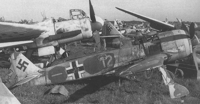 Wrecked Ju 88G and Fw 190F